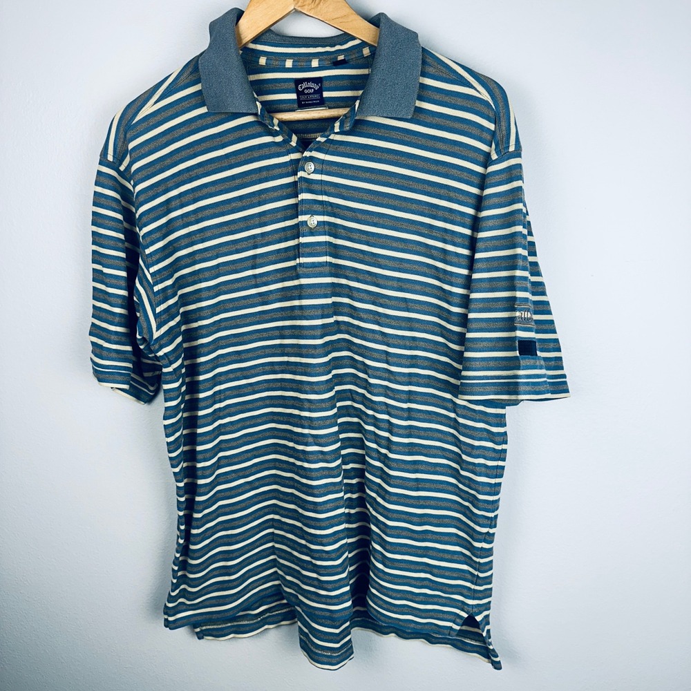Vintage Callaway Golf Blue Striped Pima Cotton Mercerized Polo Shirt Large